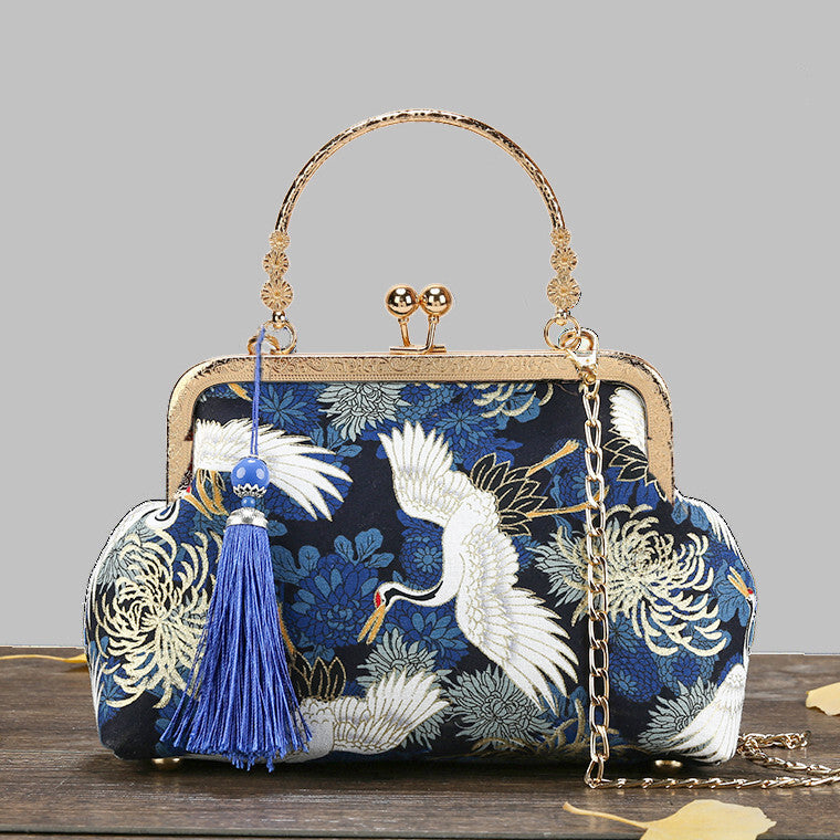 Ladies Chinese Heaven Cranes Royal Charms Evening Golden Clasp Shoulder Handbag