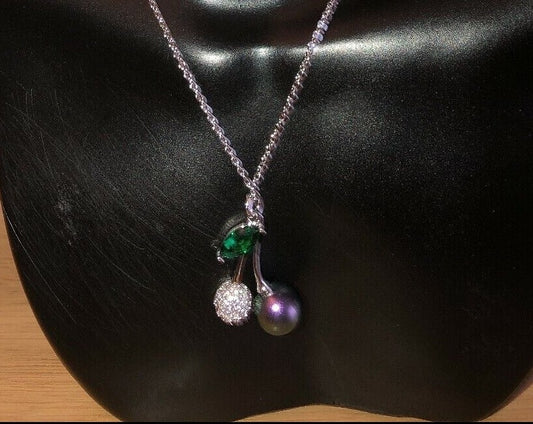 Silver Ladies Beautiful Purple Cherry Green Gemstone Pendant Elegant Necklace