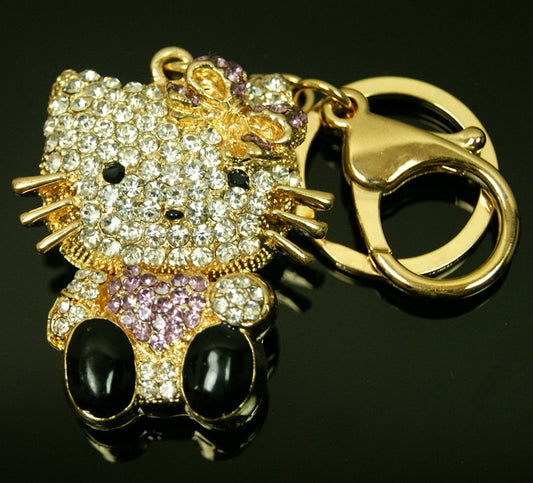 Super Cute Adorable Ladies Womens Girls Diamontic Cat Kitten Keyring Bag Charm