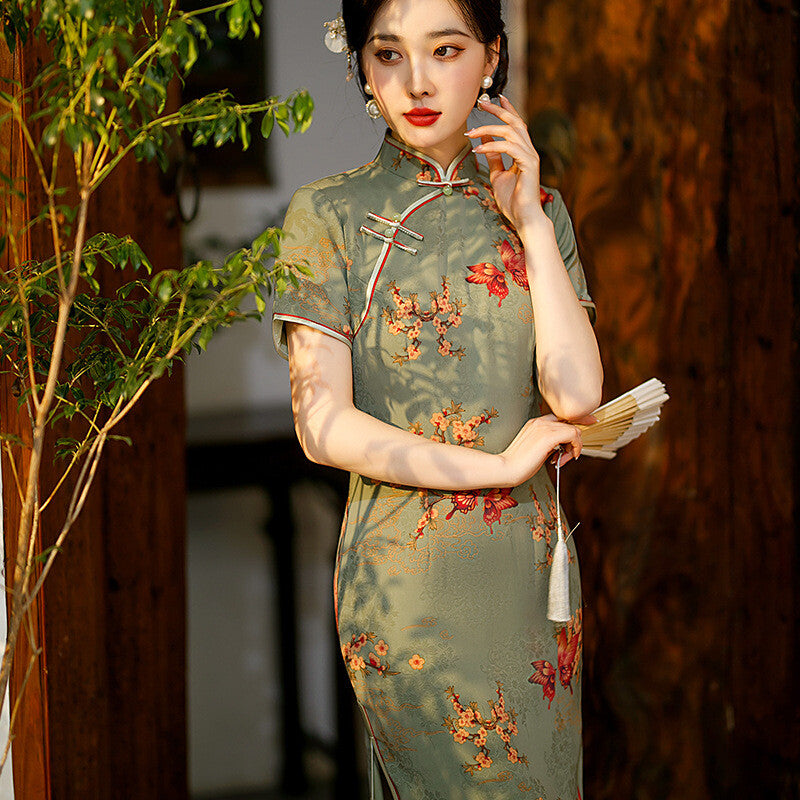 Ladies Green Satin Floral Prints Knee Length Chinese Style Qipao Cheongsam Dress