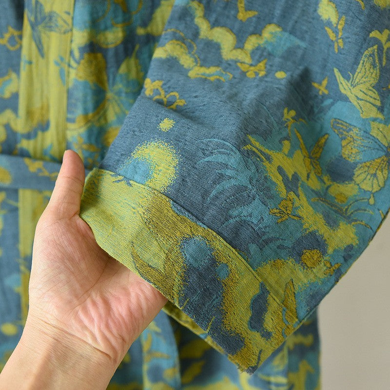 Womens Blue and Olive Green Kimono Robe with Botanical Soft Cotton-Linen Texture