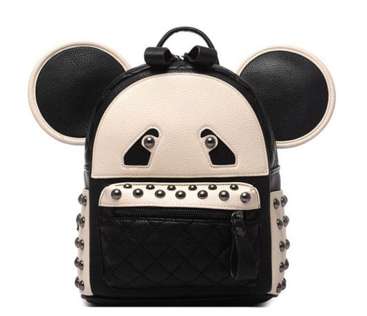 Ladies Panda-Shaped Leather Backpack Bag w/ Metal Studs & Adjustable Straps