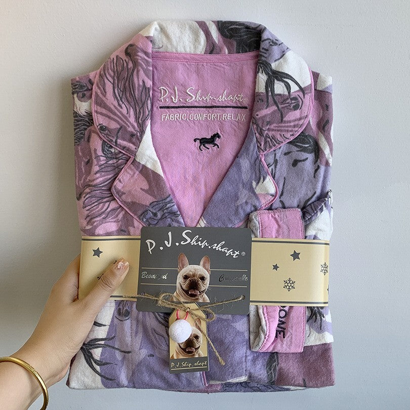 Gift for her - New Ladies Purple Brushed Cotton Pyjamas Set with Horse Prints