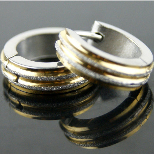 Mens Ladies Surgical Steel Gold Trim and Frosted Silver Huggie Hoop Earrings