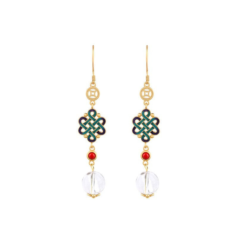 Elegant Chinese Knot Drop Earrings with 24K Gold Plating and White Crystal Beads