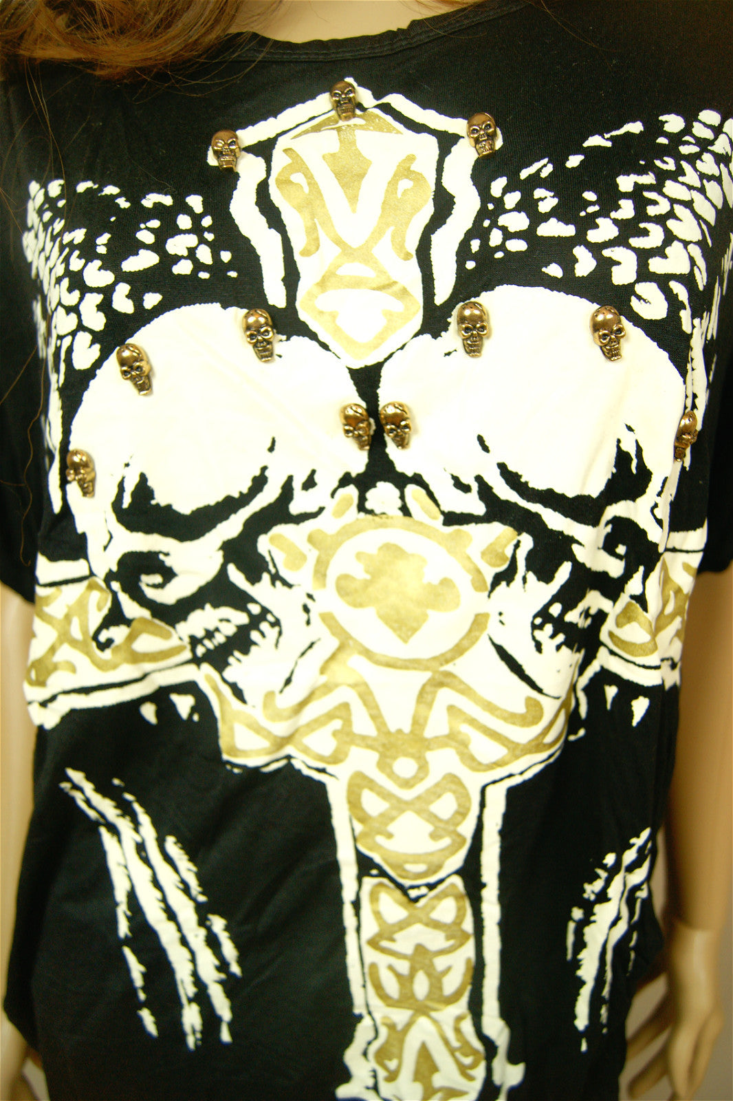 8-12 Womens Ladies Black Golden Cross Skull Studs In Black Loose Top T-Shirt