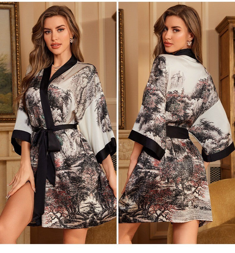 New Ladies Elegant Satin Dressing Gown Chinese Scenery Print Luxury Kimono Robe