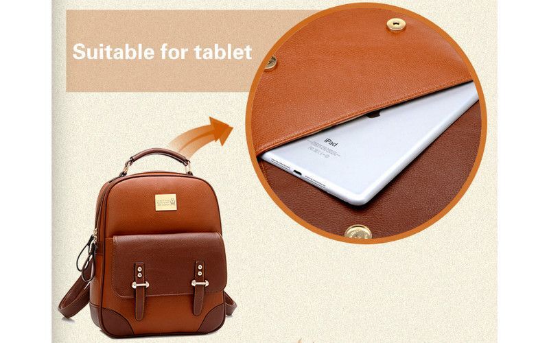 Ladies Brown Backpack Bag Gold Buckles Front Pocket Handle & Straps