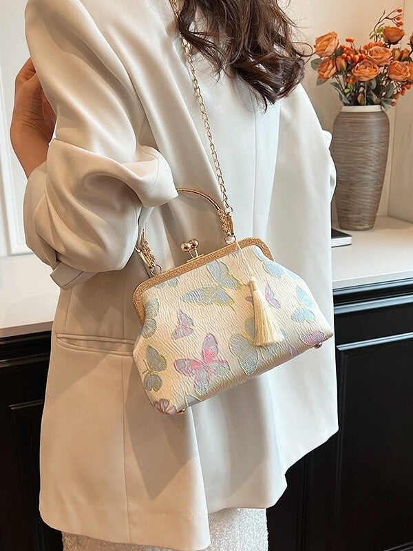 Ivory Brocade Frame Handbag with Chinese Butterfly Embroidery and Tassel