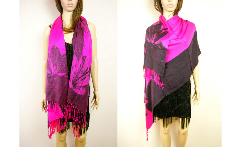 New 61" Designer Ladies Womens Soft Purple Pink Floral Patten Tassel Scarf Shawl