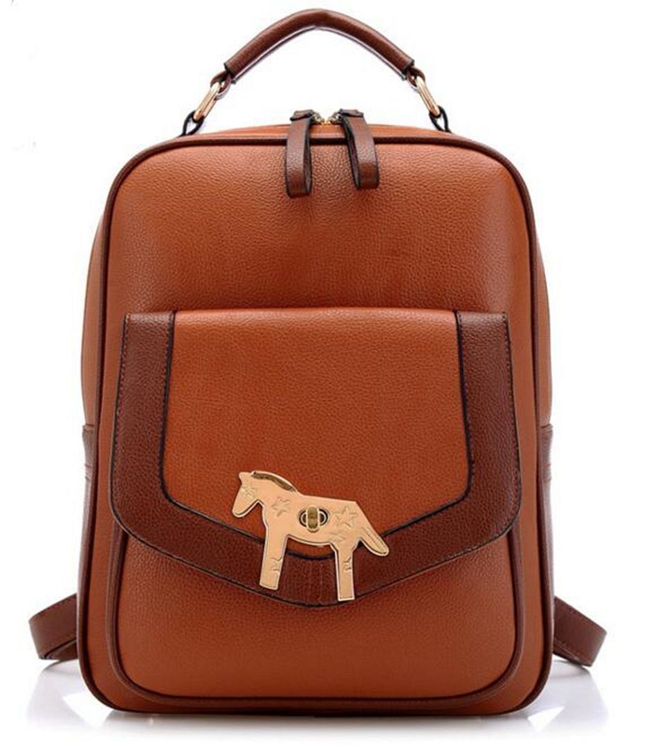 Ladies Beige Backpack Bag Horse-Shaped Gold Buckles Front Pocket Handle Strap