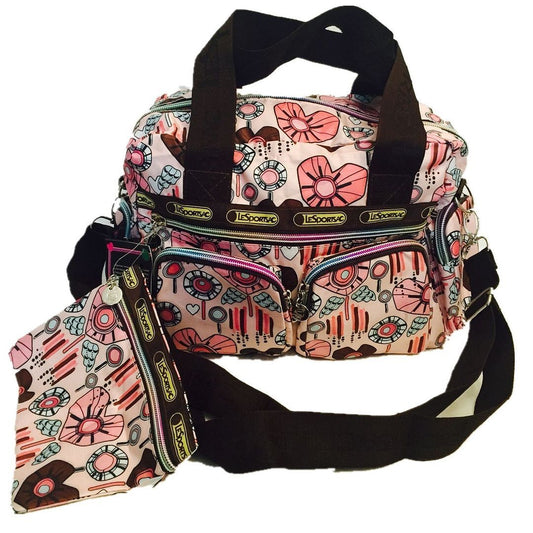 Ladies Womens Pink Nylon Heart Patterns Shoulder Bag or Handbag with Strap