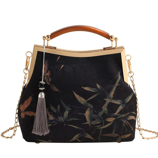 Elegant Chinese Style Handbag Handmade Xiangyun Silk Frame with Bamboo Print