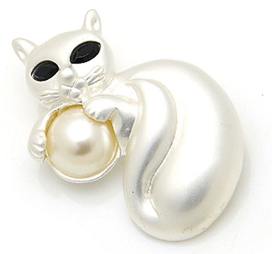 Ladies Womens Pearl White Cat & Pearl Diamante Brooch Pin