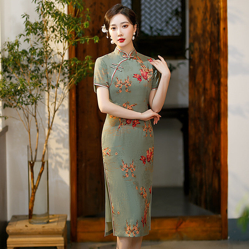 Ladies Green Satin Floral Prints Knee Length Chinese Style Qipao Cheongsam Dress