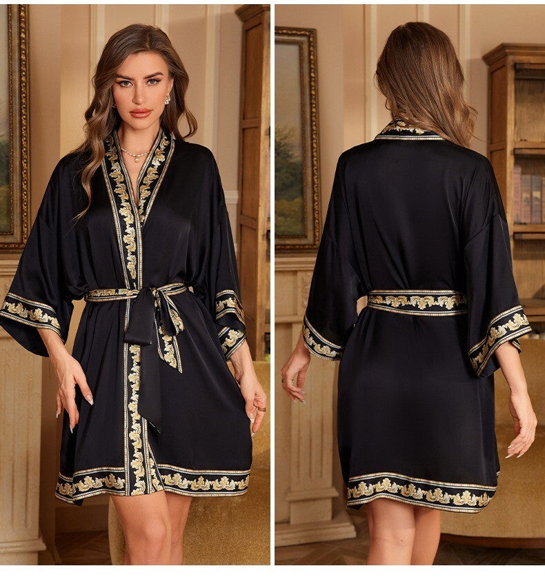 Ladies Luxury Satin Kimono Dressing Gown – Elegant Black with Gold Contrast Trim