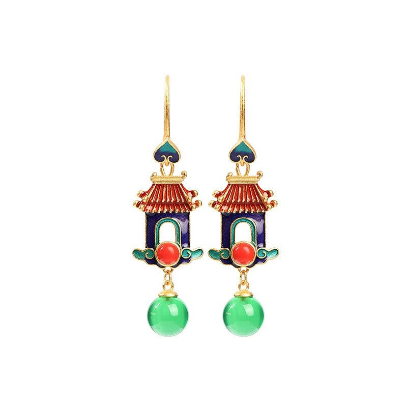 Chinese Enamel Gold-Plated Palace Shape Style Natural Green Jade Dangle Earrings