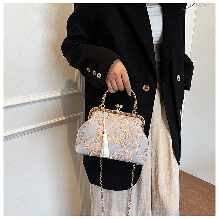 Blue Brocade Chinese Handbag with Tassel and Gold Frame Detailing