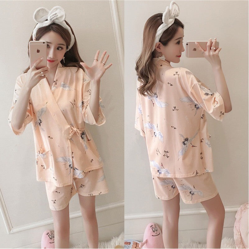 Pink Chinese Japanese White Cranes Short Ladies Kimono Pyjamas ladpj387