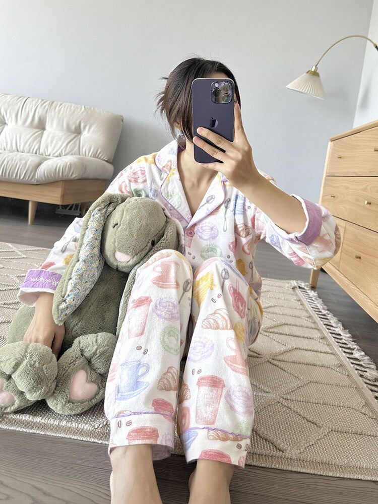 Luxury Ladies Brushed Cotton Pyjamas with Whimsical Pastel Dessert Pattern