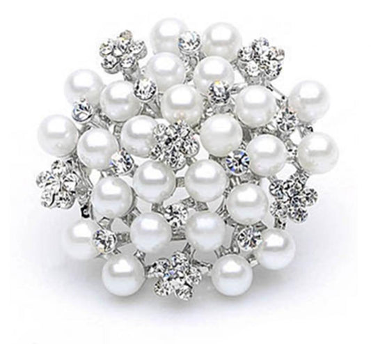 New Ladies Womens Large Silver Pearl Flower Diamante Brooch Pin