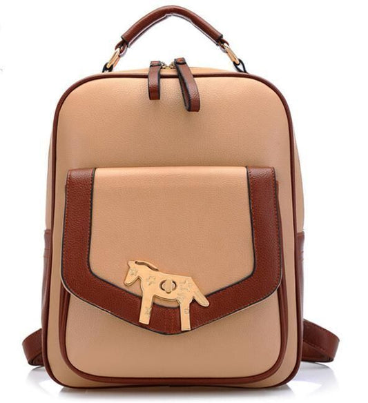 Ladies Beige Backpack Bag Horse-Shaped Gold Buckles Front Pocket Handle Strap