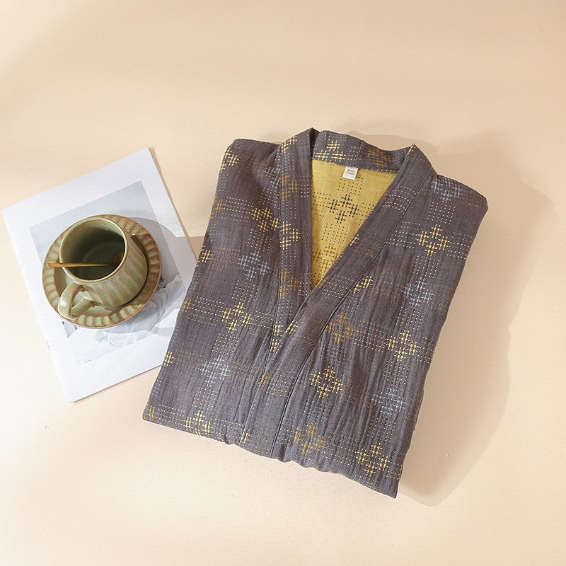 Men’s Kimono Robe in Coffee Brown with Gold Cross-Stitch Pattern & Yellow Lining