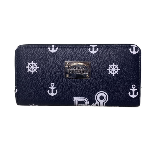 New Ladies Womens Black Faux Leather Anchor Prints Long Card Cash Coin Purse