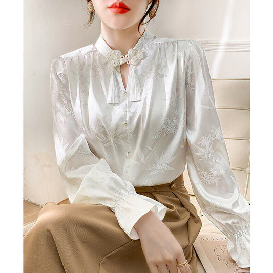 New Elegant Chinese White Satin Blouse with Bamboo Print & Embellished Collar