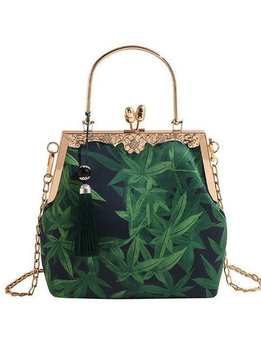 New Elegant Chinese Style Handbag – Green Bamboo Print with Vintage Clasp