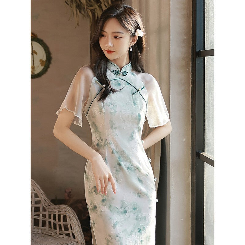 Elegant Chinese Qipao Cheongsam Dress – Floral Green Satin with Sheer Sleeves