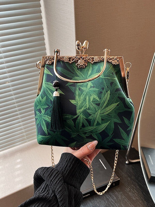 New Elegant Chinese Style Handbag – Green Bamboo Print with Vintage Clasp