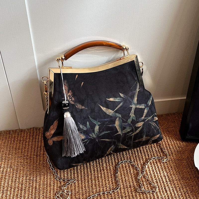 Elegant Chinese Style Handbag Handmade Xiangyun Silk Frame with Bamboo Print
