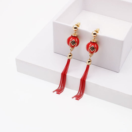 Elegant Chinese Lantern Red Tassel Earrings - Traditional Inspired Jewellery