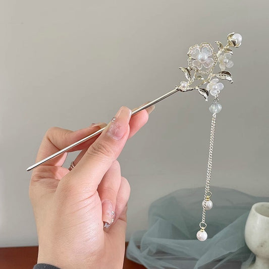 Elegant Gold Hair Stick Chopstick Pin 17cm Stainless Steel Floral Pearl Decor