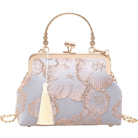 Blue Brocade Chinese Handbag with Tassel and Gold Frame Detailing