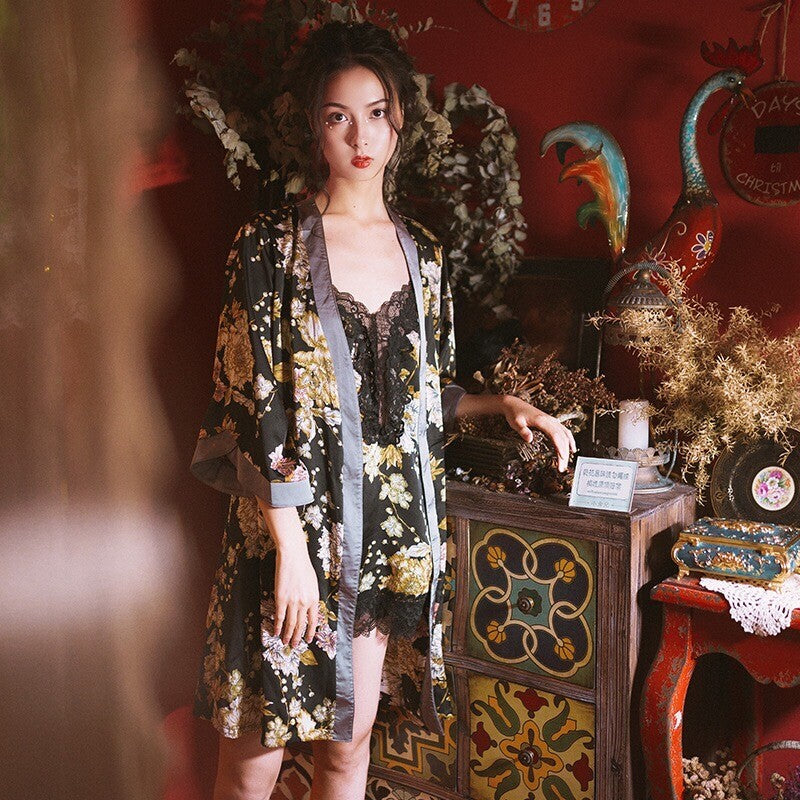 New Luxurious Black Ladies Womens Set of 2 Nightdress & Kimono Dressing Gown