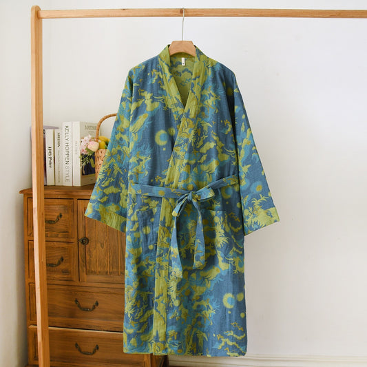 Womens Blue and Olive Green Kimono Robe with Botanical Soft Cotton-Linen Texture