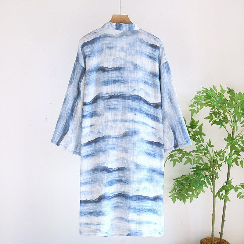 Men’s Gauze Cotton Kimono Robe with Blue Water-Ink Mountain Landscape Print