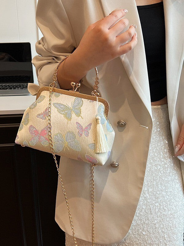Ivory Brocade Frame Handbag with Chinese Butterfly Embroidery and Tassel