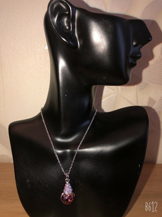 New Silver Ladies Beautiful Champaign Pink Gemstone Pendant Elegant Necklace
