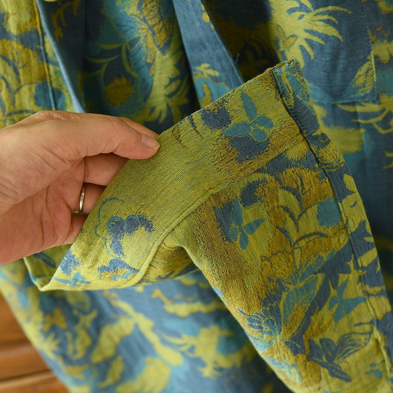 Womens Blue and Olive Green Kimono Robe with Botanical Soft Cotton-Linen Texture
