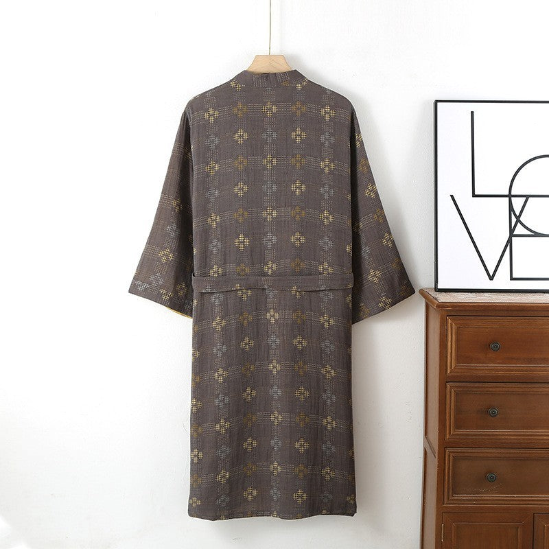 Men’s Kimono Robe in Coffee Brown with Gold Cross-Stitch Pattern & Yellow Lining