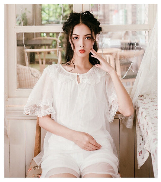 Luxurious White Vintage Victorian Ladies Womens Top & Shorts Pyjamas ladpj263