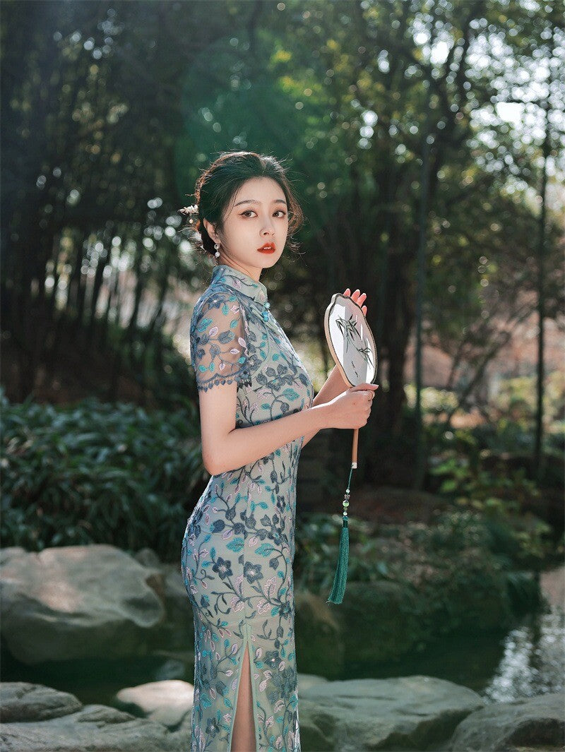 New Luxurious Chinese Aqua Blue Lace Floral Short Cheongsam Qipao Dress