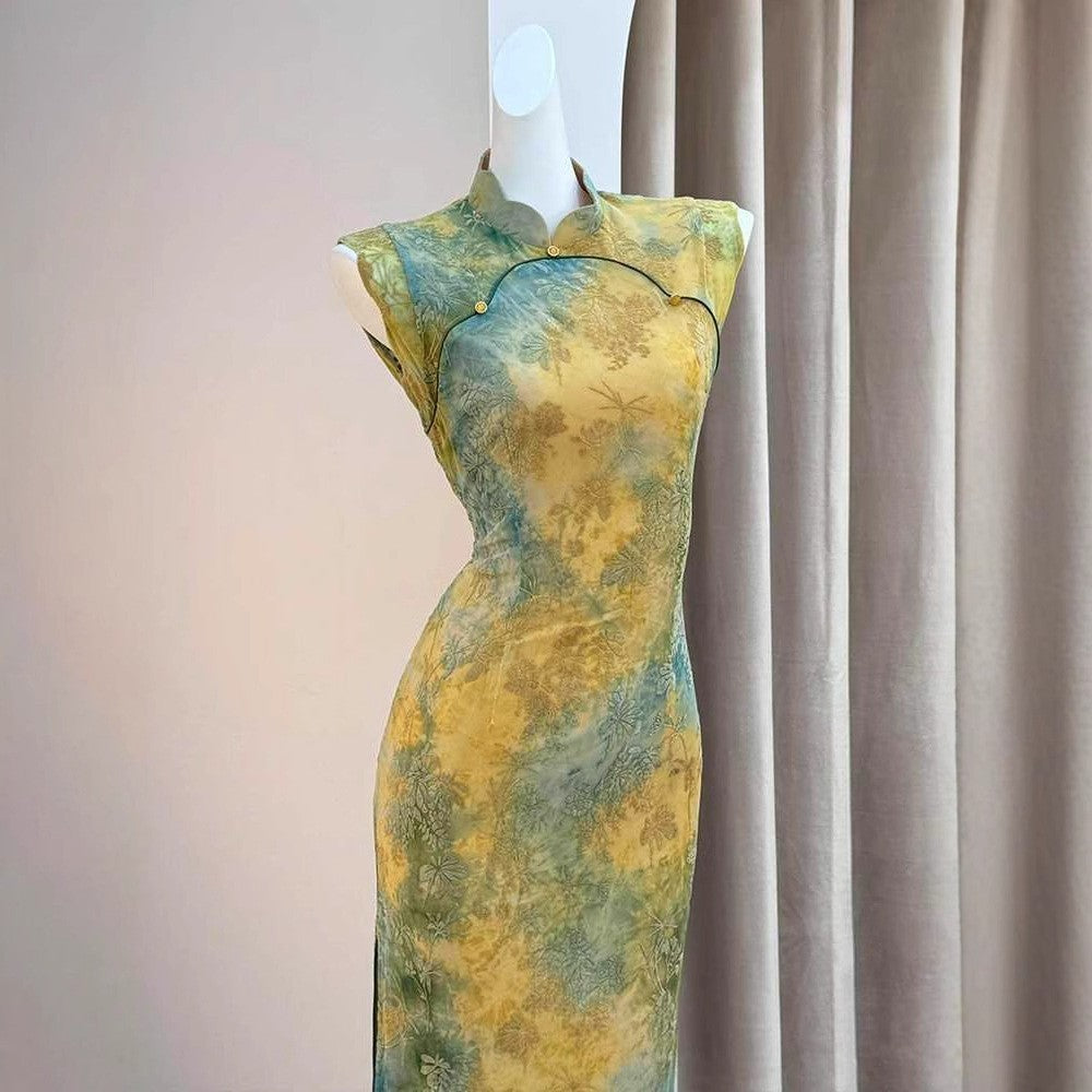 New Sleeveless Yellow-Green Embroidered Lace Qipao Cheongsam with Floral Brocade