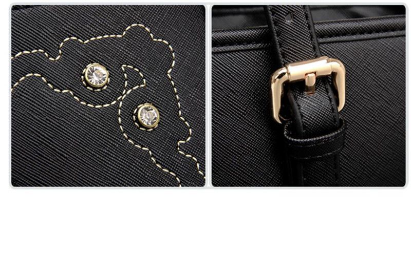 Ladies Black Handbag w/ Gold Accents, Lady Pattern Embroidery & Diamond Studs