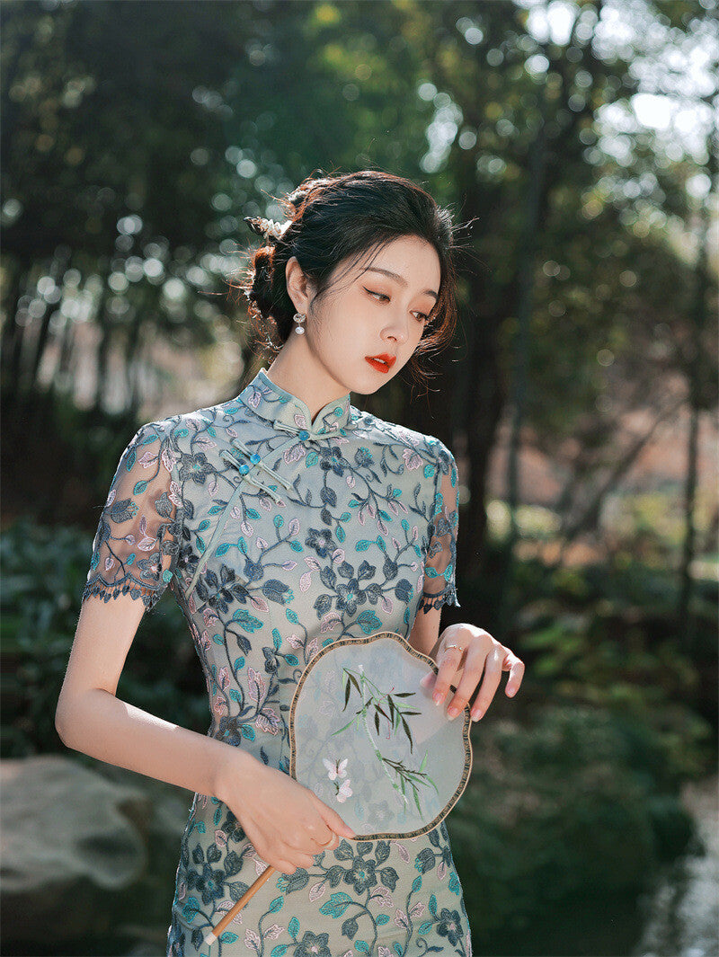 New Luxurious Chinese Aqua Blue Lace Floral Short Cheongsam Qipao Dress