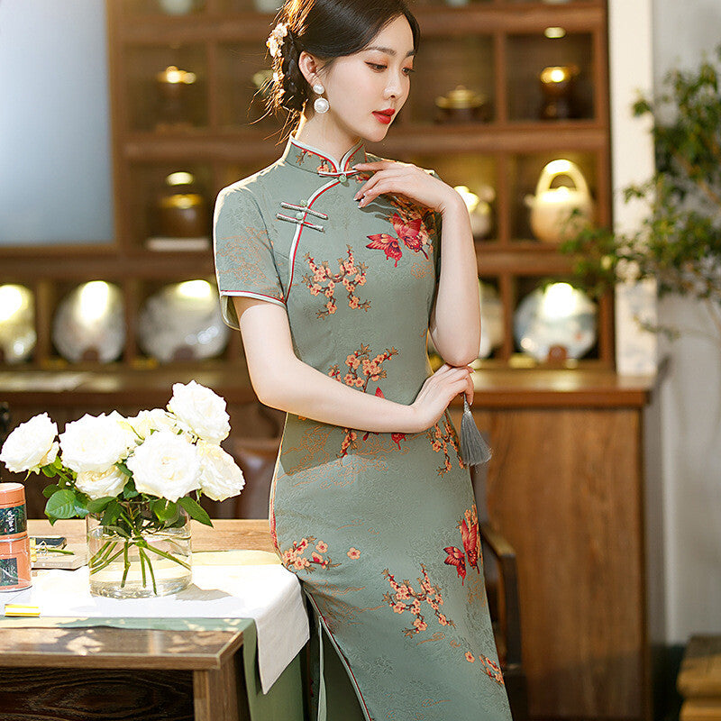 Ladies Green Satin Floral Prints Knee Length Chinese Style Qipao Cheongsam Dress