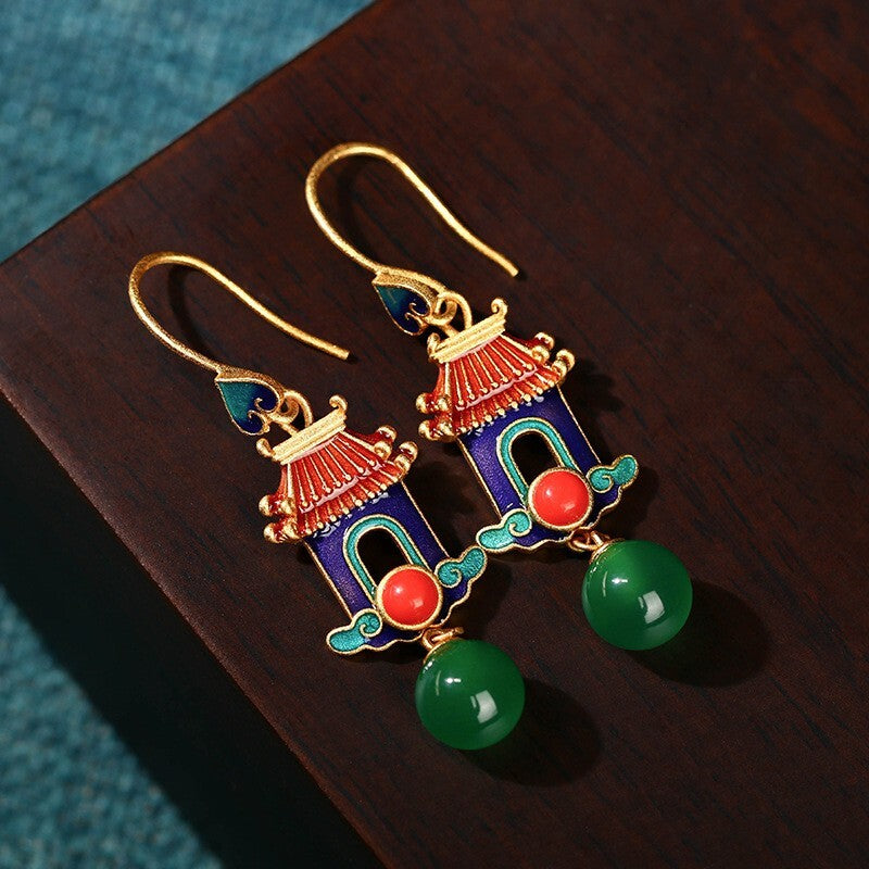 Chinese Enamel Gold-Plated Palace Shape Style Natural Green Jade Dangle Earrings